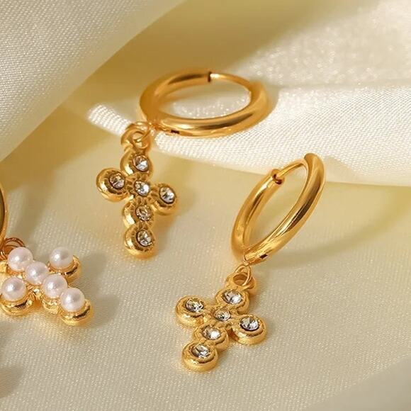 Zircon Cross Dangle Hoop Earrings 18K Gold Plated Stainless Steel - Picture 6 of 8